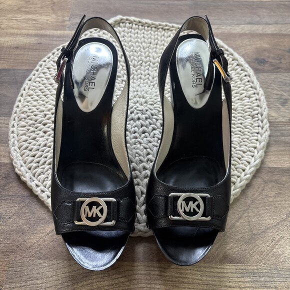 Michael Kors Black Platform Wedges Open Toe Slingback Shoes Size 9 Charm Logo - Picture 5 of 16